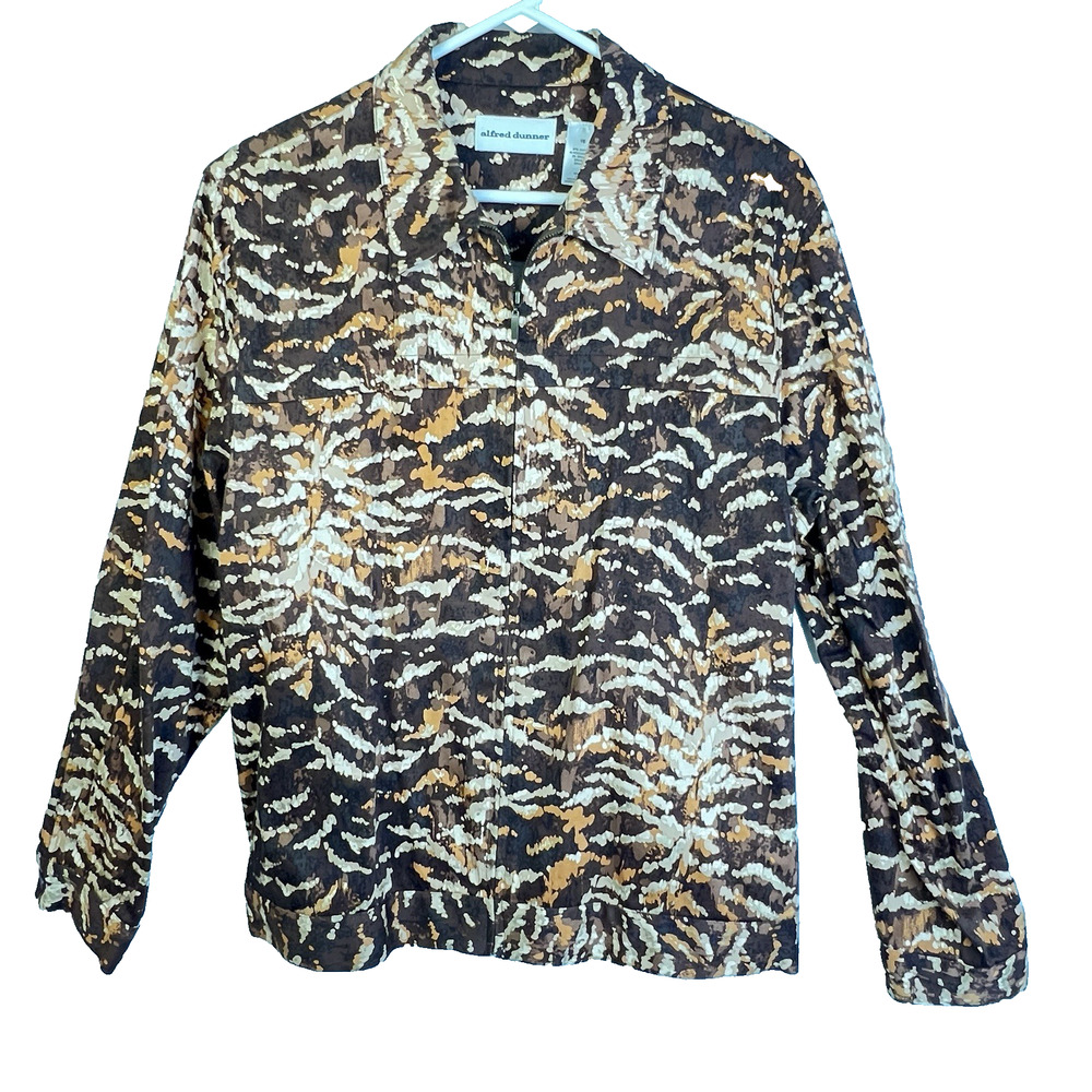 Alfred Dunner Print Jacket Women 16 Brown Artsy Zip Front Cotton Casual Pockets